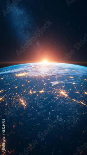 Fototapeta Naklejka Na Ścianę i Meble -  The sun rises over the edge of the Earth as seen from space