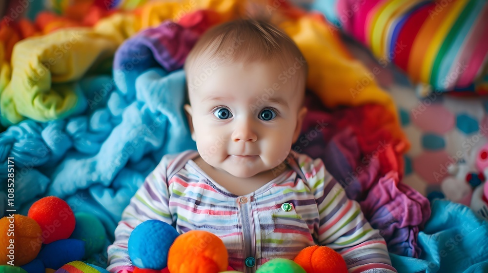 Obraz premium Smiling baby lying on a rainbow-colored blanket, enjoying playtime