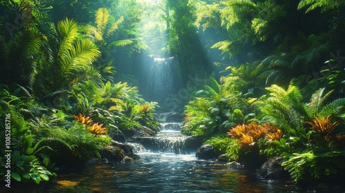 Lush Green Rainforest with Tranquil Waterfall Surrounded by Vibrant Foliage, Sunlight Streaming Through Trees, Wilderness Oasis in Nature