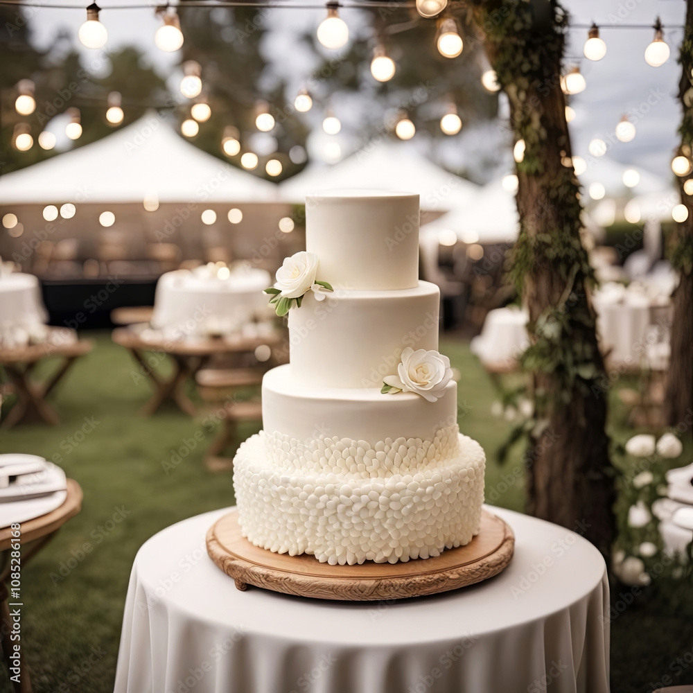 Elegant three-tiered wedding cake adorned with delicate white flowers Elegant three-tiered wedding cake adorned with delicate white flowers