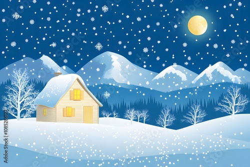 illustration of beautiful snowy Christmas village and decorated cute fir tree