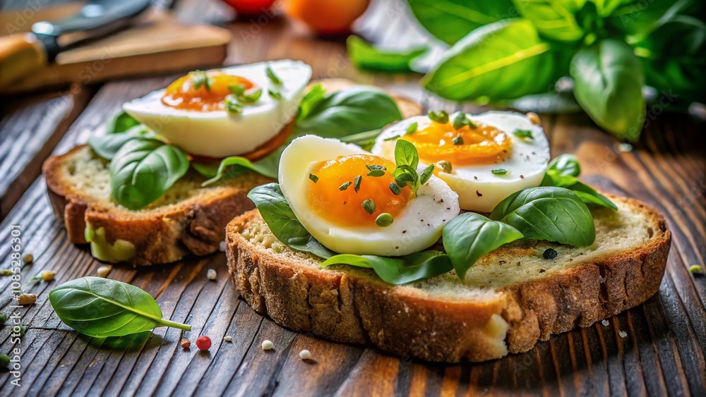 Soft boiled eggs on toast topped with fresh basil make a delightful, healthy brunch option. A simple yet Soft boiled eggs on toast topped with fresh basil make a delightful, healthy brunch option. A simple yet