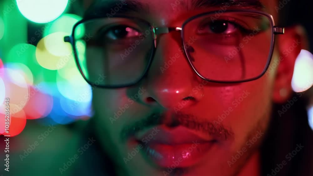 Vibrant city nightlife reflected in eyeglasses amidst colorful bokeh lights Vibrant city nightlife reflected in eyeglasses amidst colorful bokeh lights
