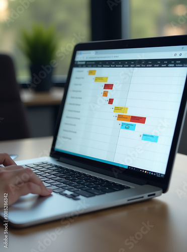 Project management, planning for software development, resources and budget planning, project schedule diagram, gantt chart for work deadline concept, computer laptop with project management software