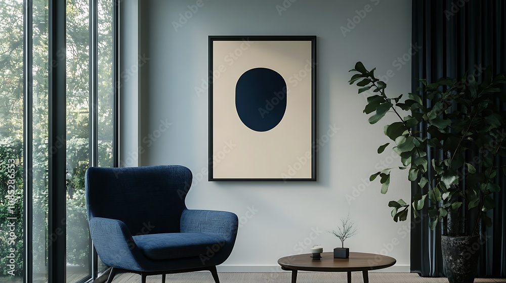 Fototapeta premium Minimalist living room with a blue chair and abstract wall art.
