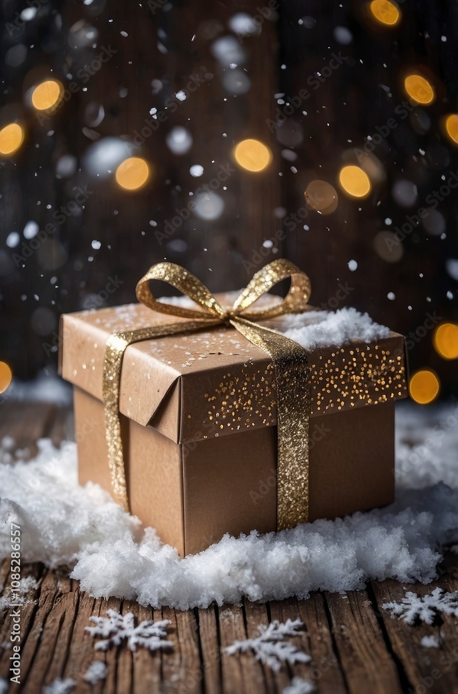Christmas eco friendly gift box lying in snow on an old wooden background with dreamy glittery lights - generative ai Christmas eco friendly gift box lying in snow on an old wooden background with dreamy glittery lights - generative ai