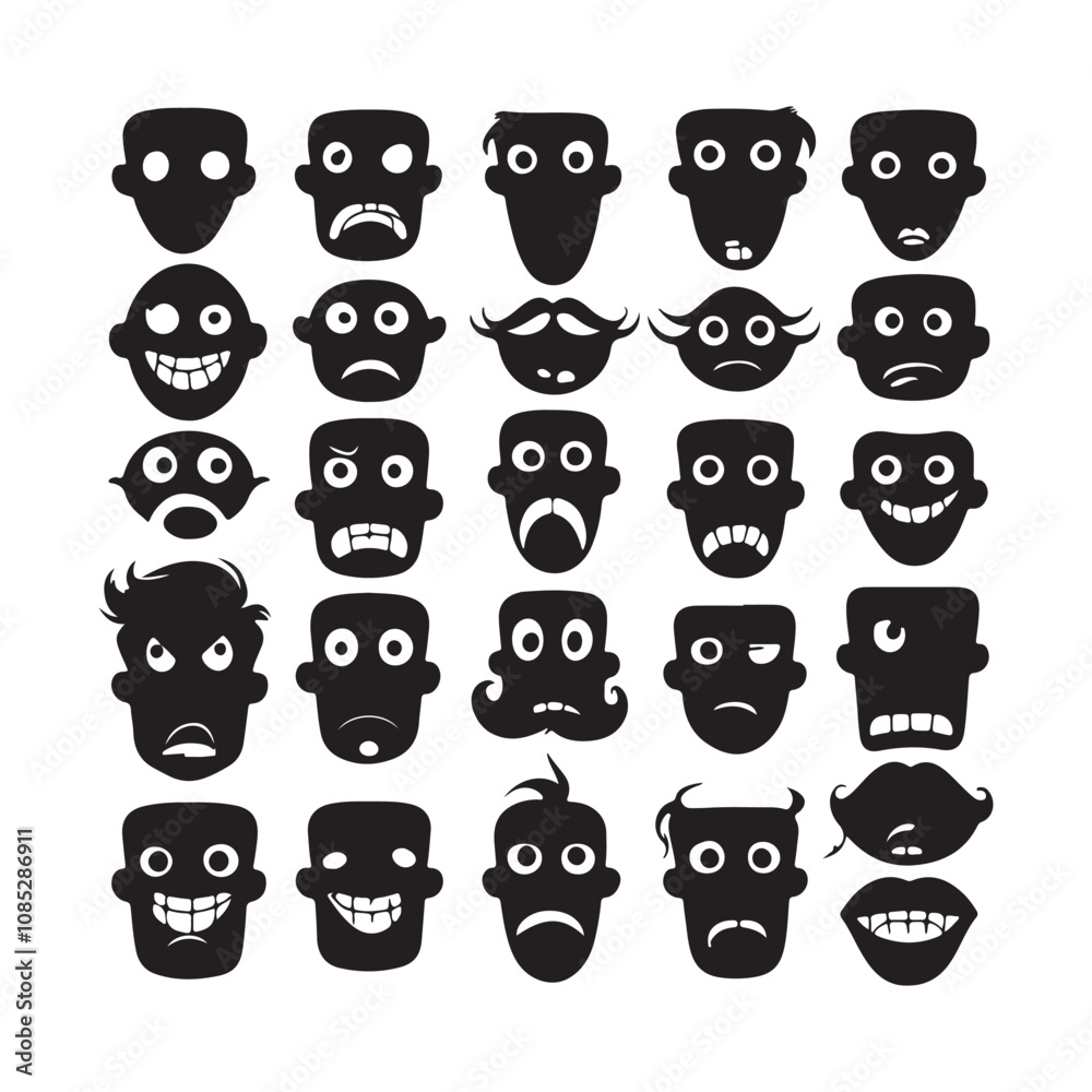 Obraz premium Cartoon faces. Vintage emotional face of silhouette vector illustration