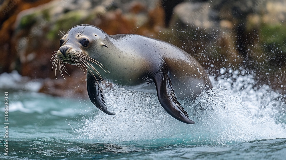 Obraz premium Sea Lion Diving into Ocean from Rocky Outcrop with Splash