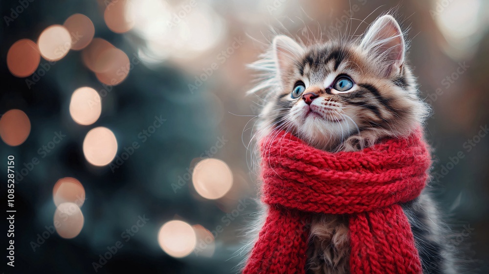 Adorable Kitten with Festive Holiday Scarf Adorable Kitten with Festive Holiday Scarf