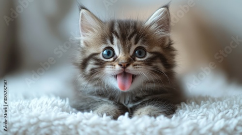 closeup funny kitten shows his tongue on grey background photo