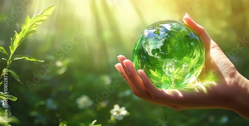 Hand Holding a Beautiful Green Crystal Globe Symbolizing Environmental Sustainability, Nature, and Global Unity in a Radiant Setting with Soft Light and Lush Greenery photo