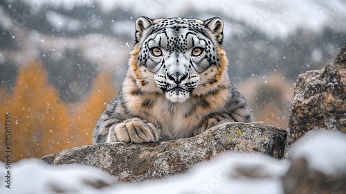 Snow Leopard on Rocky Outcrop in Snowy Mountain Landscape photo