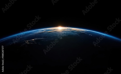 Beautiful View of Earth from Space with Glowing Sunrise on the Horizon and Stars in the Background, Capturing the Beauty of Our Planet from a Unique Perspective