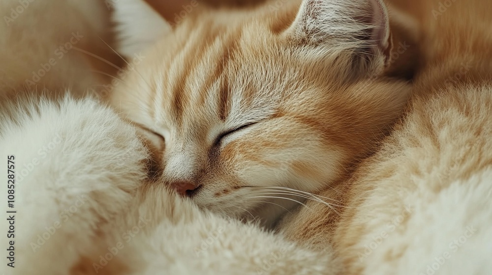 A sleeping orange cat nestled in soft fur, exuding tranquility and comfort. A sleeping orange cat nestled in soft fur, exuding tranquility and comfort.
