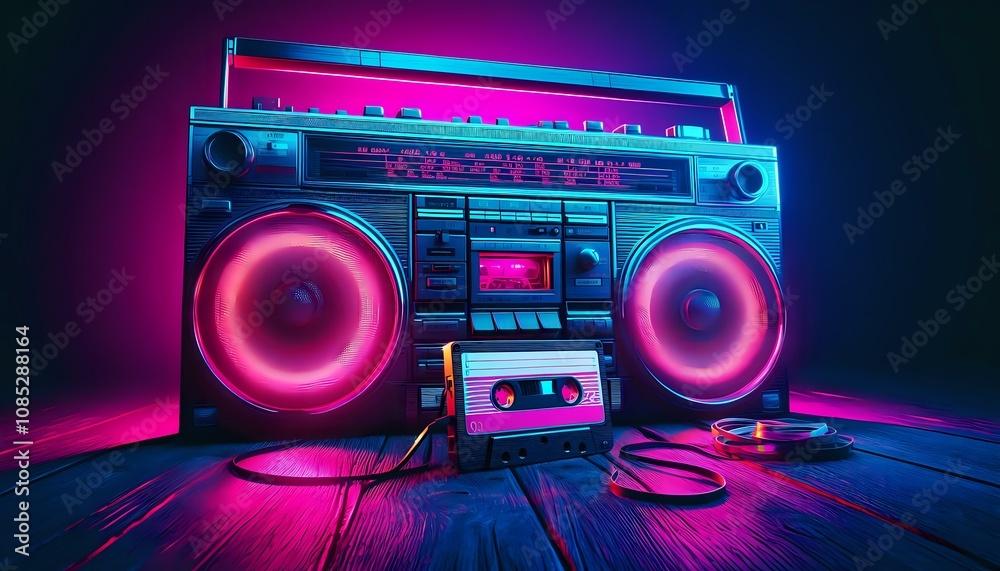Fototapeta premium Retro Neon Boombox and Cassette Tapes