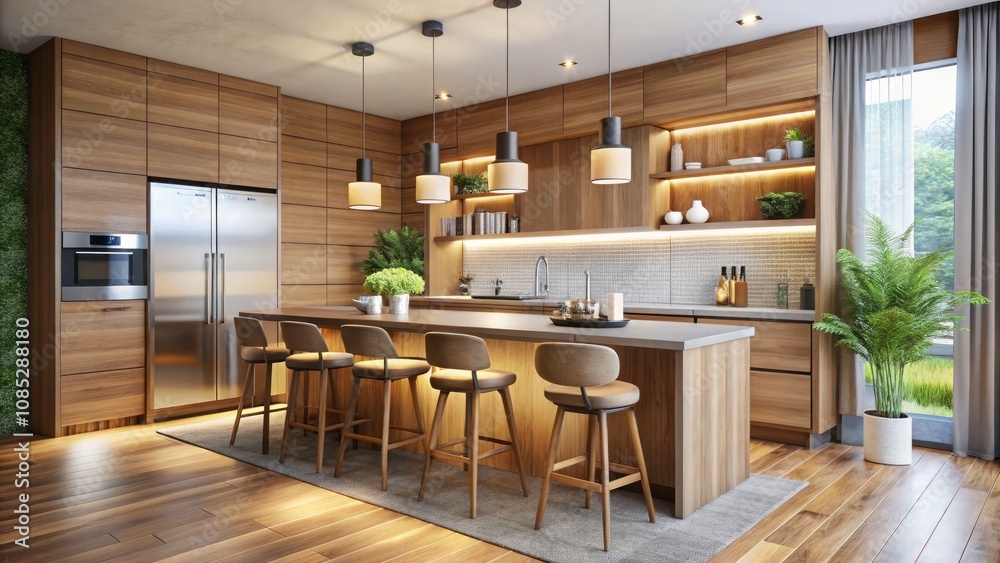 Fototapeta premium Modern Kitchen Interior with Wooden Cabinets, Stylish Bar Stools, High Depth of Field, Open Concept Design, Contemporary Decor, Bright and Airy Space, Cozy Culinary Environment, Elegant Home Design
