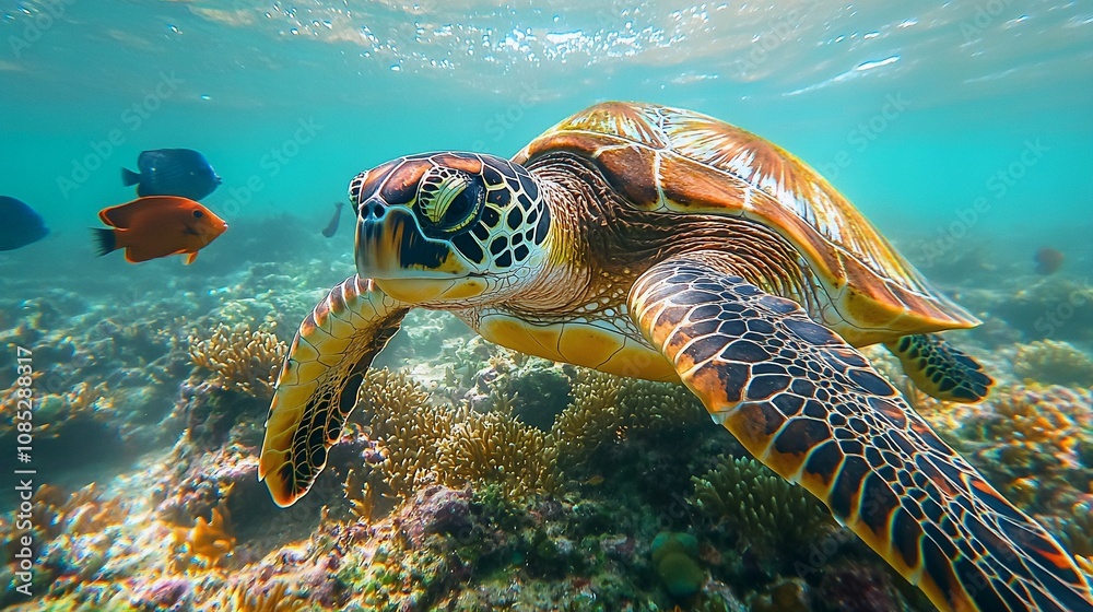 Obraz premium Sea Turtle Swimming Over Coral Reef with Tropical Fish