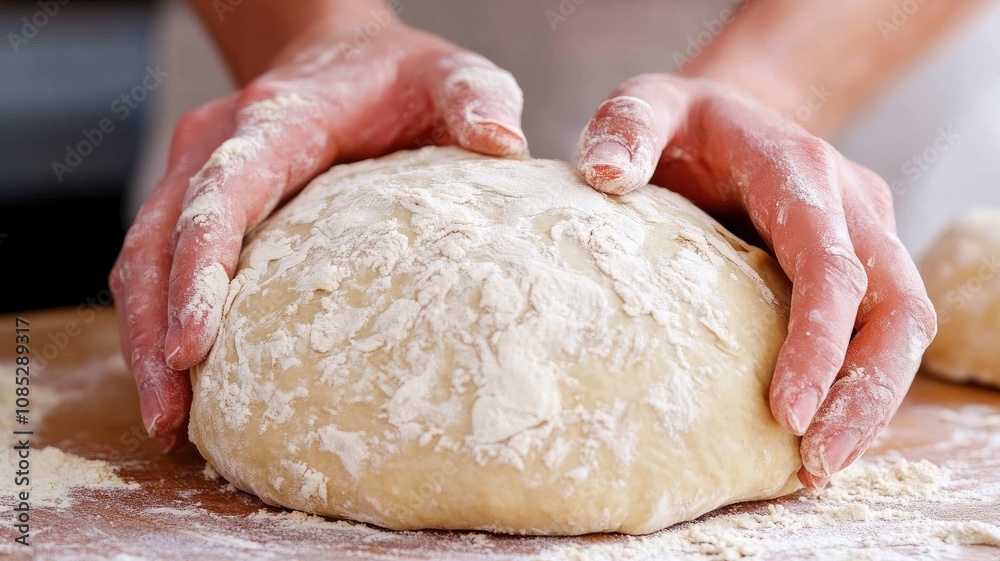Hands kneading dough on floured surface for baking bread Hands kneading dough on floured surface for baking bread