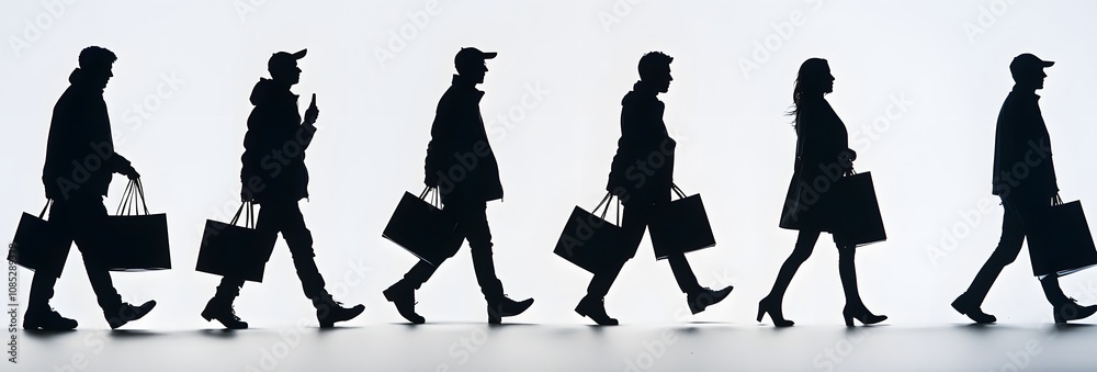 Silhouettes of shoppers walking with shopping bags Silhouettes of shoppers walking with shopping bags