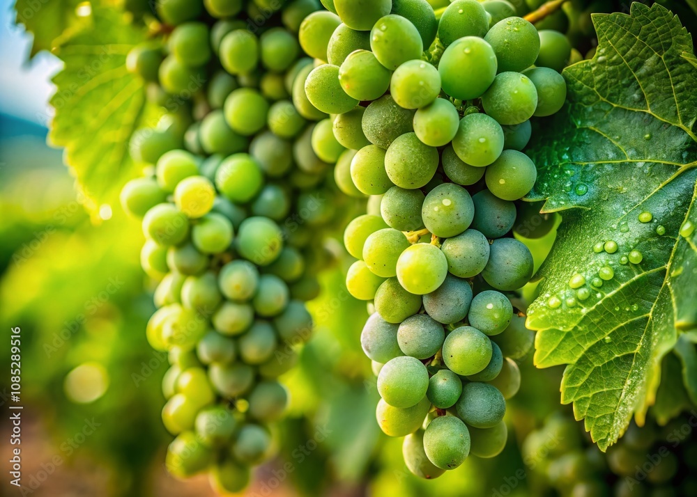 Unripe green grapes, Penedès vineyard, long exposure close-up. Unripe green grapes, Penedès vineyard, long exposure close-up.