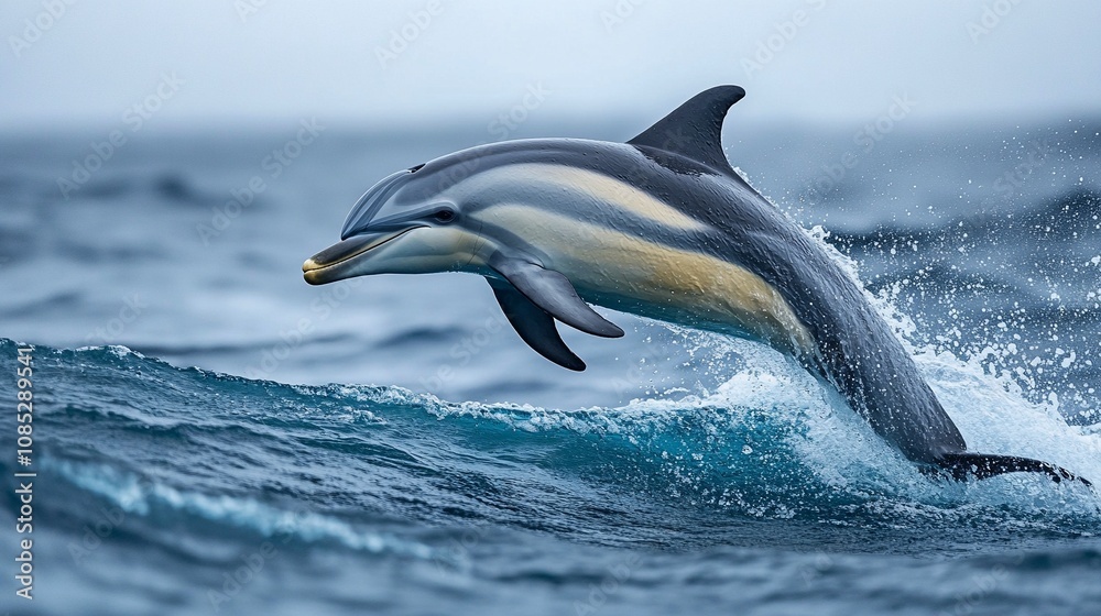 Fototapeta premium Dolphin Pod Jumping Through Waves in the Ocean