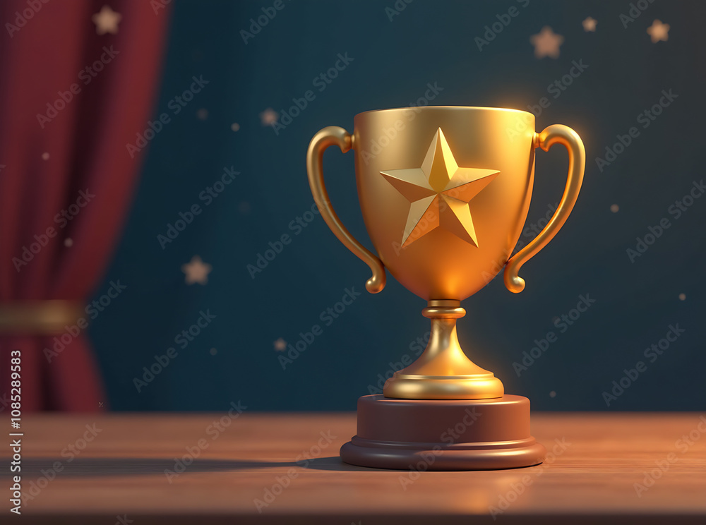 small trophy on table with star on top, An animated 3D icon of trophy represents achievement small trophy on table with star on top, An animated 3D icon of trophy represents achievement