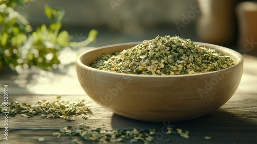 Grinding Herbs with Mortar and Pestle on Wooden Surface