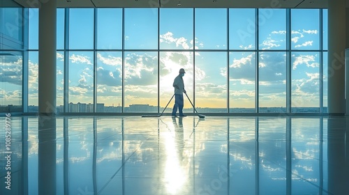 A diligent worker maintains a spotless workplace by mopping the shiny floor in a modern office that reflects sunlight through large windows. 