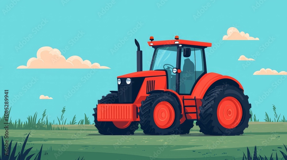 Obraz premium Drone and AI are revolutionizing smart farming practices Concept. A vibrant illustration of a red tractor on green grass under a bright blue sky with fluffy clouds, showcasing a rural and agricultural