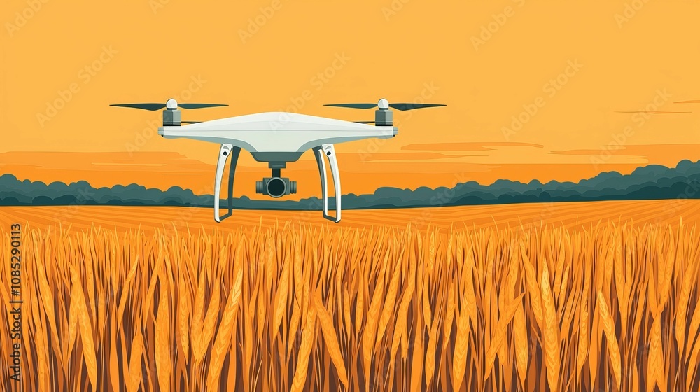 Drone and AI are revolutionizing smart farming practices Concept. A drone hovers above a golden field, capturing aerial imagery of crops under a warm, orange sky. Drone and AI are revolutionizing smart farming practices Concept. A drone hovers above a golden field, capturing aerial imagery of crops under a warm, orange sky.