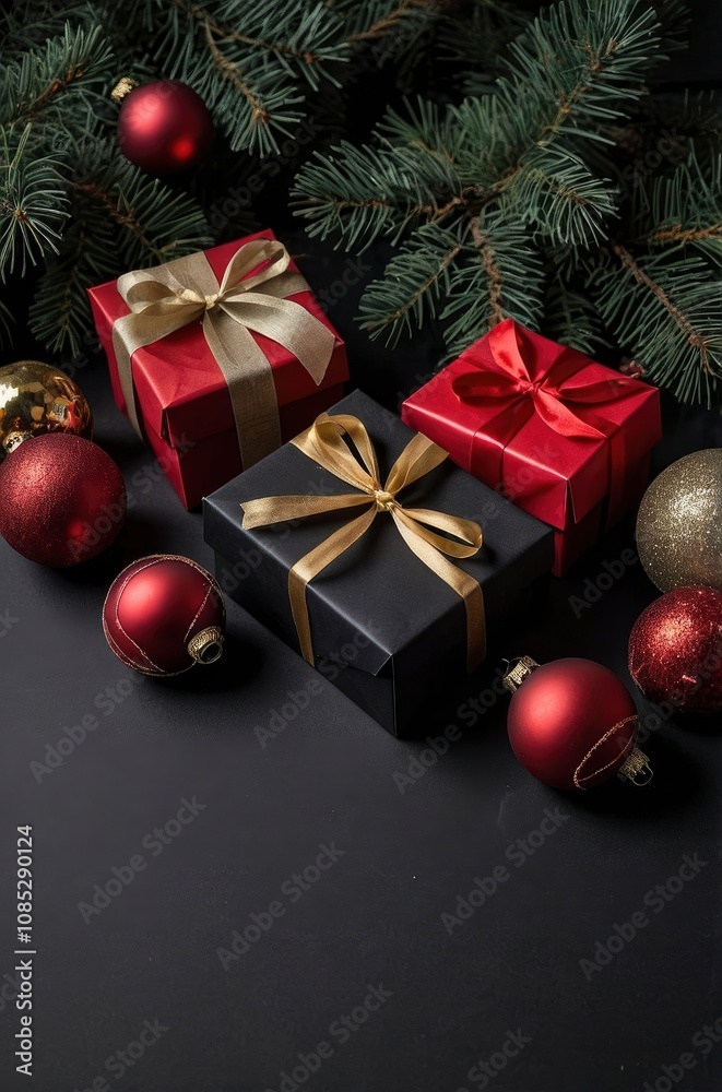 Card composition with copy space framed with tree branches and gift boxes, christmas balls on black background. Christmas concept, traditions and celebrations - generative ai Card composition with copy space framed with tree branches and gift boxes, christmas balls on black background. Christmas concept, traditions and celebrations - generative ai