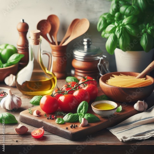 A cozy kitchen scene with fresh tomatoes, basil, garlic, and olive oil on a rustic wooden counter, perfect for preparing an authentic Italian pasta dish.