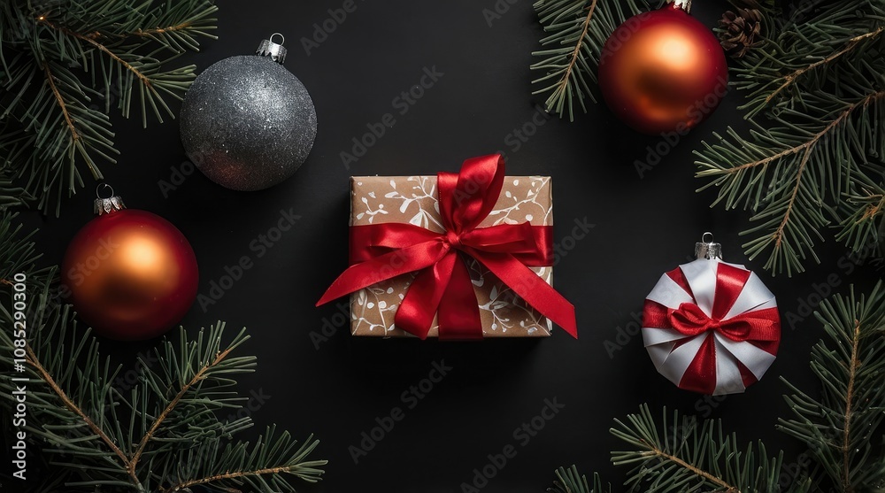 Card composition with copy space framed with tree branches and gift boxes, christmas balls on black background. Christmas concept, traditions and celebrations - generative ai Card composition with copy space framed with tree branches and gift boxes, christmas balls on black background. Christmas concept, traditions and celebrations - generative ai