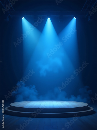 Illuminated stage with scenic lights and smoke. Blue vector spotlight with smoke volume light effect on black background. Stadium cloudiness projector. Mist show room. Vector. EPS 10