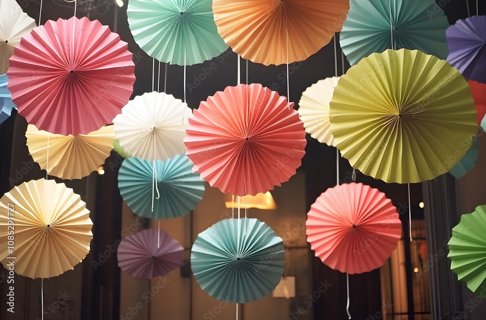 Naklejka premium Colorful Paper Fans Hanging Decoratively Indoors