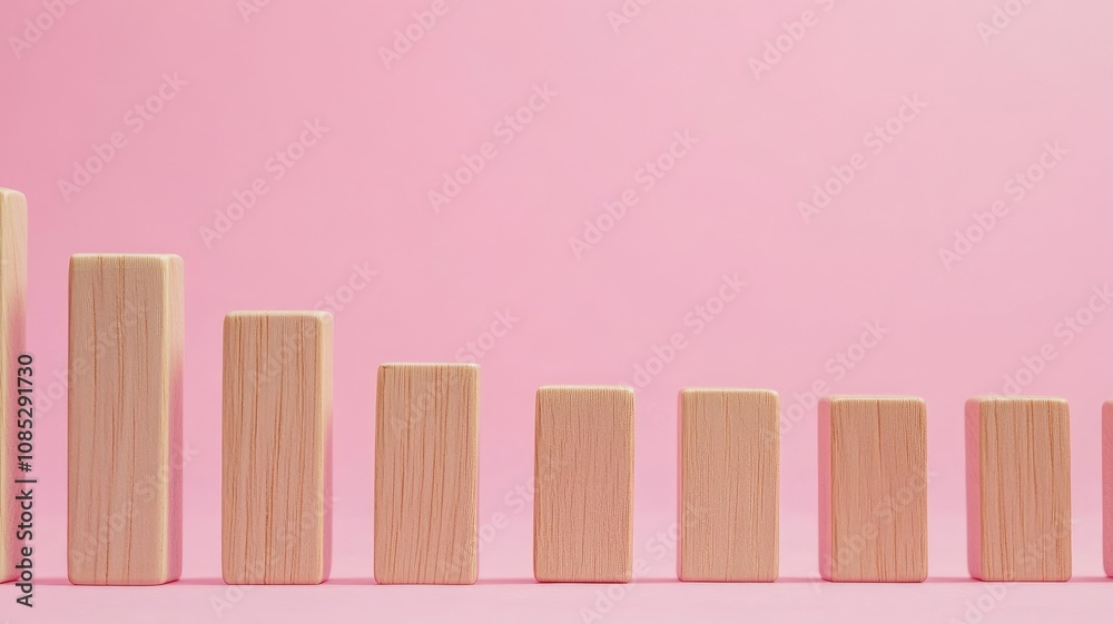 Wooden blocks arranged in decreasing height on pink background Wooden blocks arranged in decreasing height on pink background