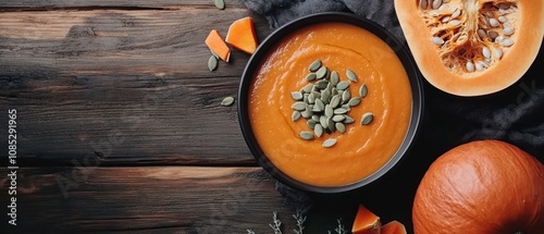 Pumpkin Soup with Seeds and Slices on Wooden Background