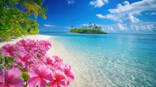 Fototapeta Naklejka Na Ścianę i Meble -  Sandy tropical palm beach with island on background illustration. 8k Resolution