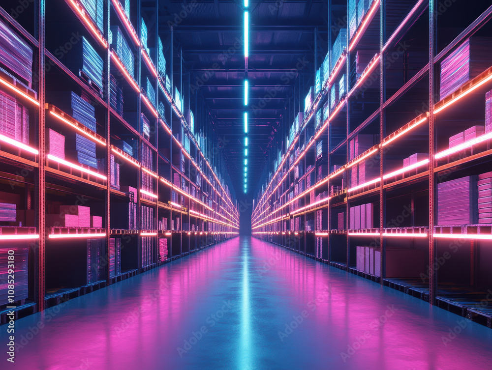futuristic warehouse with neon lights illuminating aisles, creating vibrant atmosphere. shelves are filled with various items, enhancing modern aesthetic futuristic warehouse with neon lights illuminating aisles, creating vibrant atmosphere. shelves are filled with various items, enhancing modern aesthetic