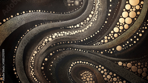 An Aboriginal abstract painting of black and gold swirls with dots.