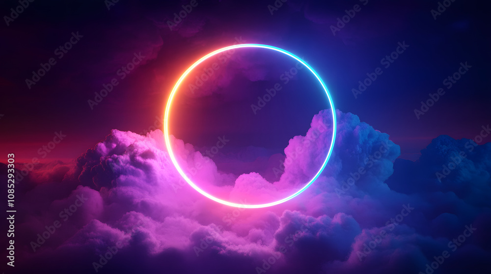 3d render, colorful neon ring glowing inside the stormy cloud on the dark sky, abstract background 3d render, colorful neon ring glowing inside the stormy cloud on the dark sky, abstract background