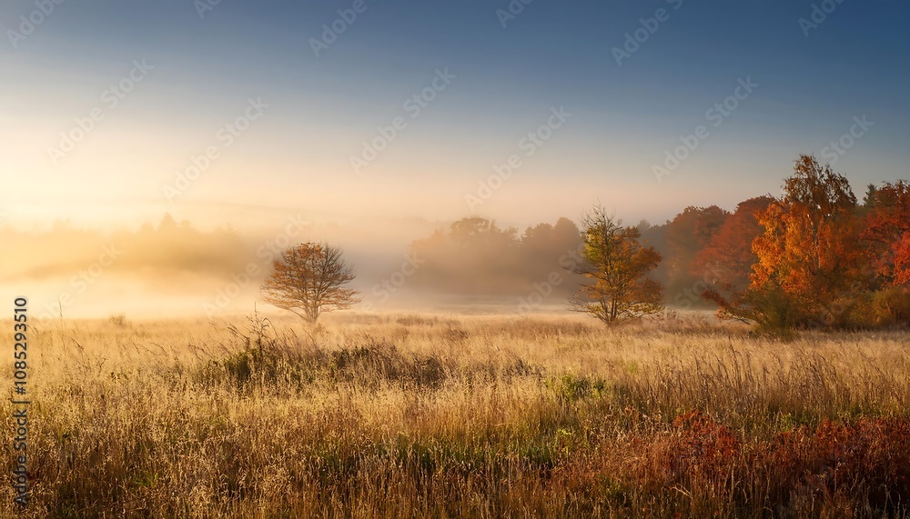 A serene meadow on a misty autumn morning, with golden and russet hues set against a peacef_1(127) A serene meadow on a misty autumn morning, with golden and russet hues set against a peacef_1(127)