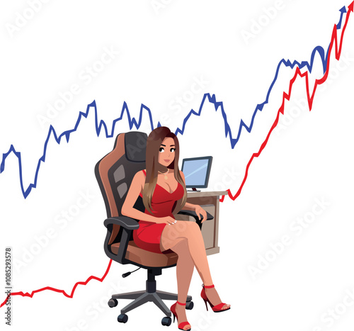 Businesswoman sitting on chair with growing charts representing success