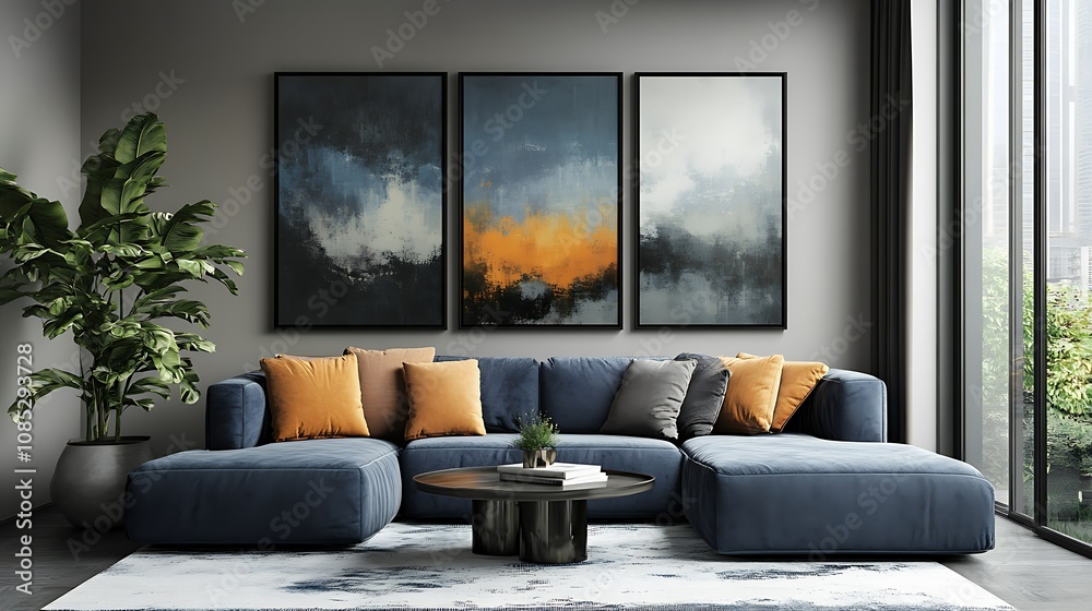 Modern living room with a cozy sofa and abstract artwork. Modern living room with a cozy sofa and abstract artwork.