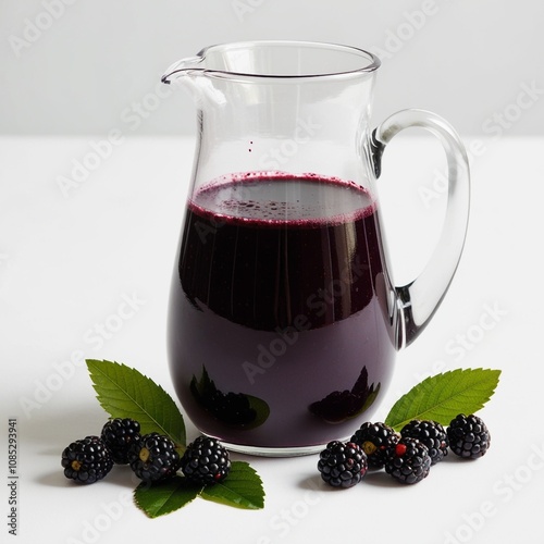 Clear glass pitcher filled with dark, rich blackberry juice, with fresh blackberries and green leaves arranged beside it. The juice has a deep purple color with a slight frothy edge at the top