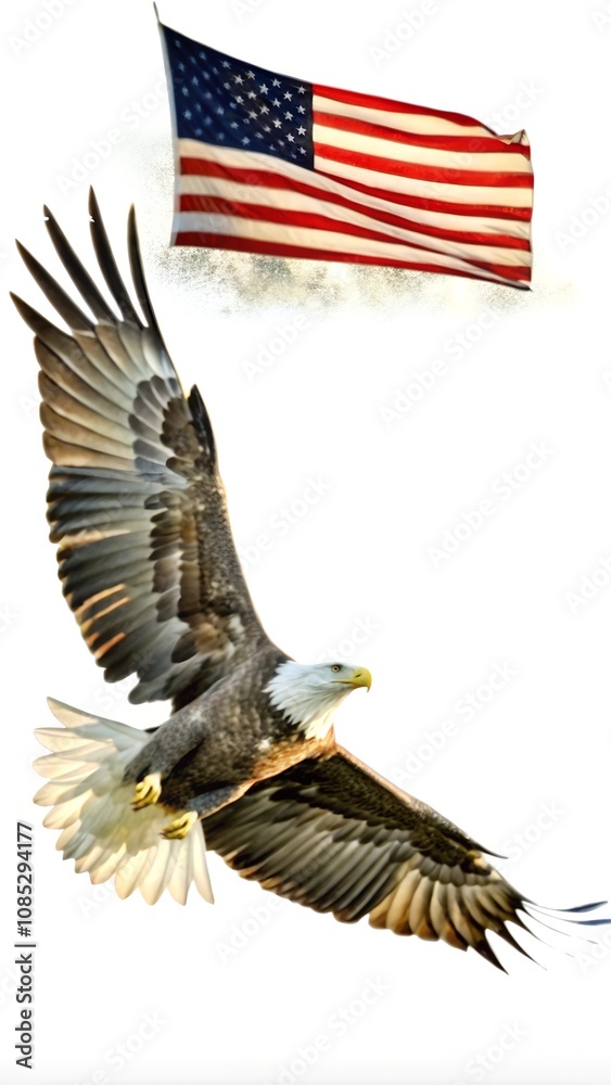 Obraz premium Bald Eagle Soaring with American Flag in Background