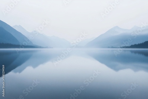 Serene Reflections: A Misty Mountain Lake at Dawn