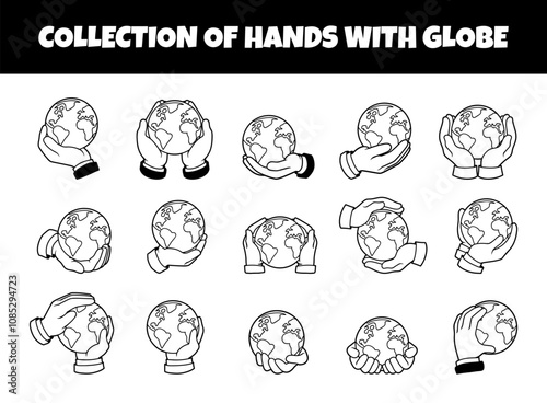 Hands with globe outline vector illustration set