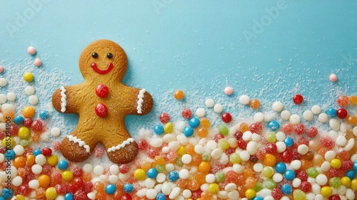 Smiling gingerbread man surrounded by colorful candies on blue background