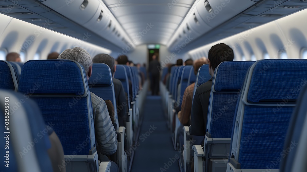 Fototapeta premium Airplane Passengers Seated In Aisle Cabin View